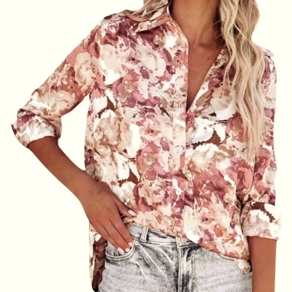 ACOA Tops - New W/O Tags | ACOA | Satin Button Down Rose Pink Tan & Cream Floral | VICI